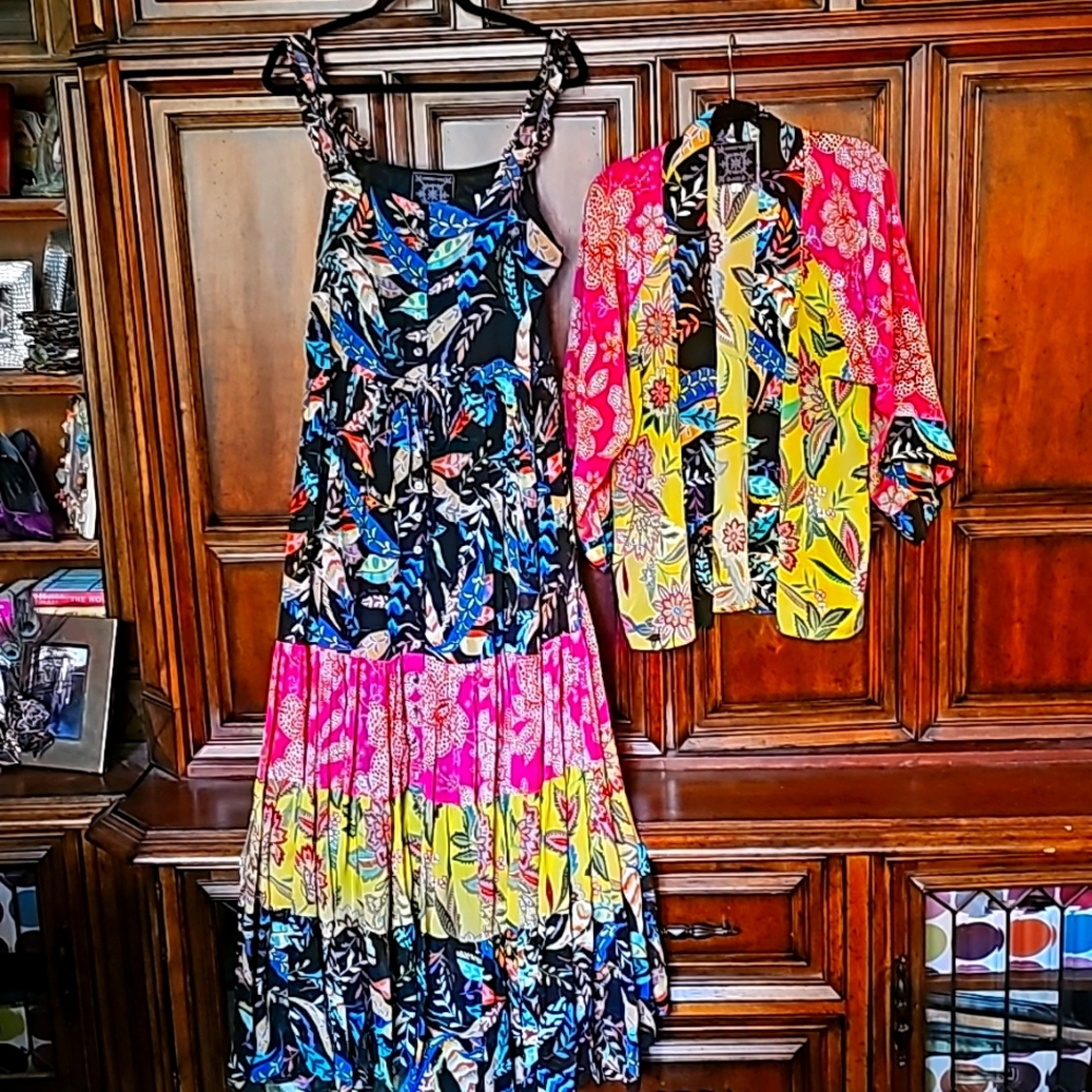 JOHNNY WAS JADE MULTI FLORAL PRINT KIMONO JACKET & MAXI DRESS SZ. MD! WORN ONCE!